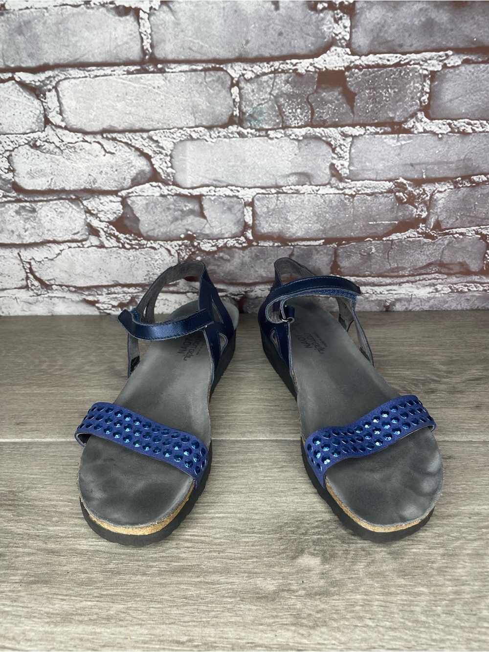 Naot Blue Rhinestone Ankle Strap Cork Wedge Sandals Women Sz 40EU/9-9.5M US